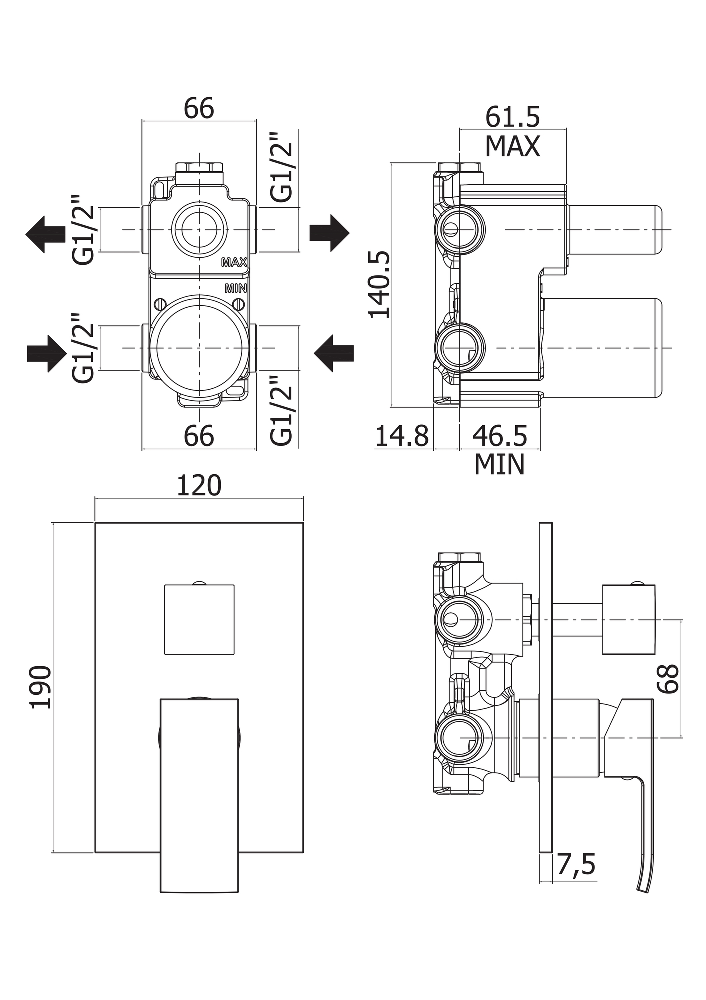 Встраиваемый однорычажный смеситель для душа с поворотным переключателем на 3 выхода с комбо положением CEZARES EFFECT-DEV3-01 - Вид №1