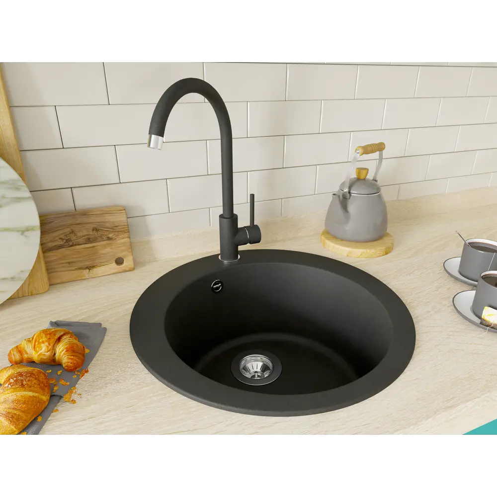 Кухонная мойка GRANFEST Quarz GF-Z-08 чёрная круглая 85226449 STLM-0060142 - Вид №7
