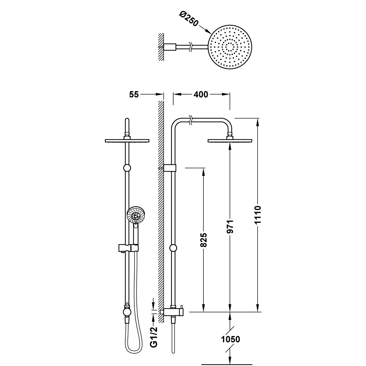 Набор душевой планки без смесителя с подачей воды и насадкой для душа-06163505 TRES Showers - Вид №1