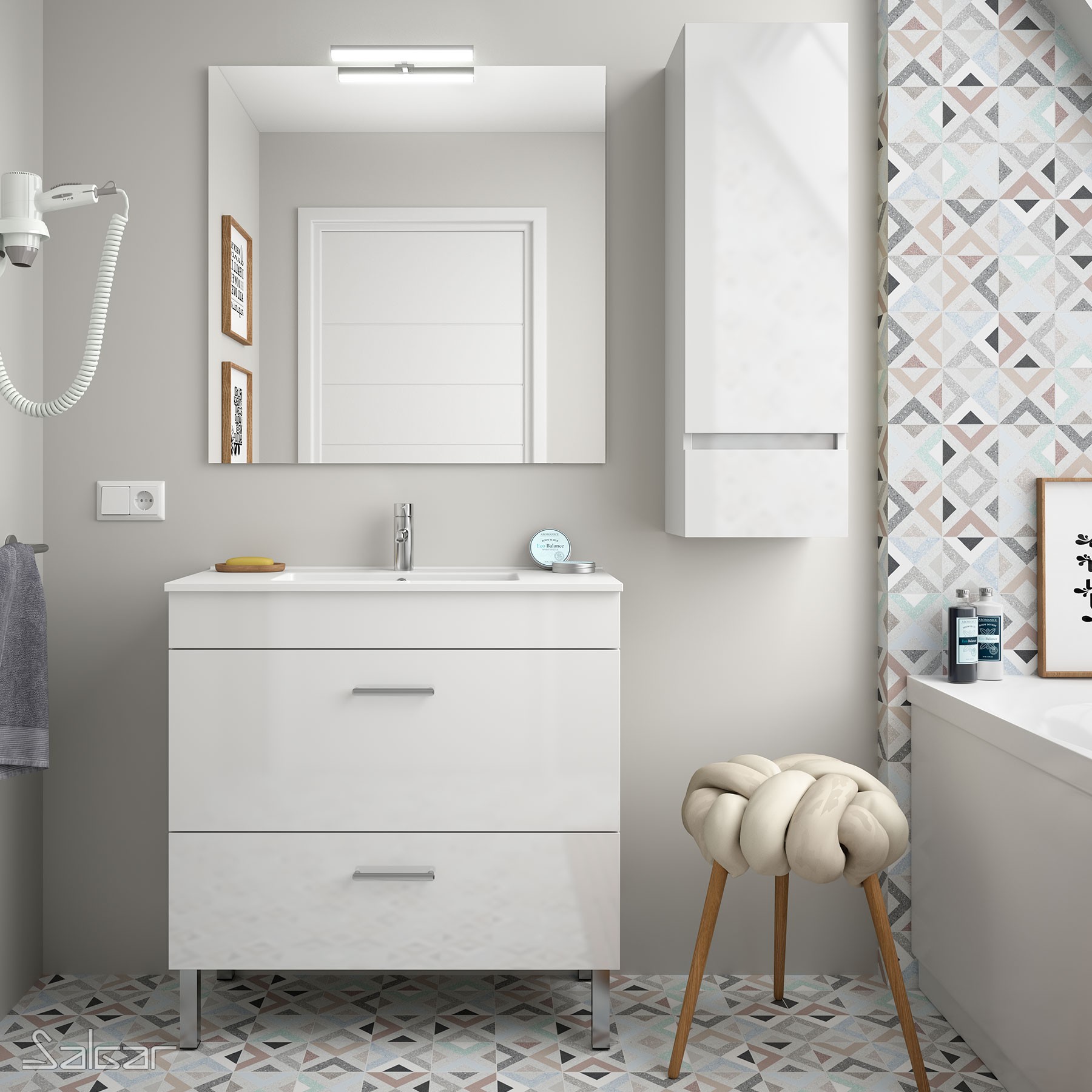 27225 SALGAR Комплект мебели для ванной ALMAGRO 800 WHITE GLOSS LACQUERED + Раковина + Зеркало + Свет Глянцевый белый