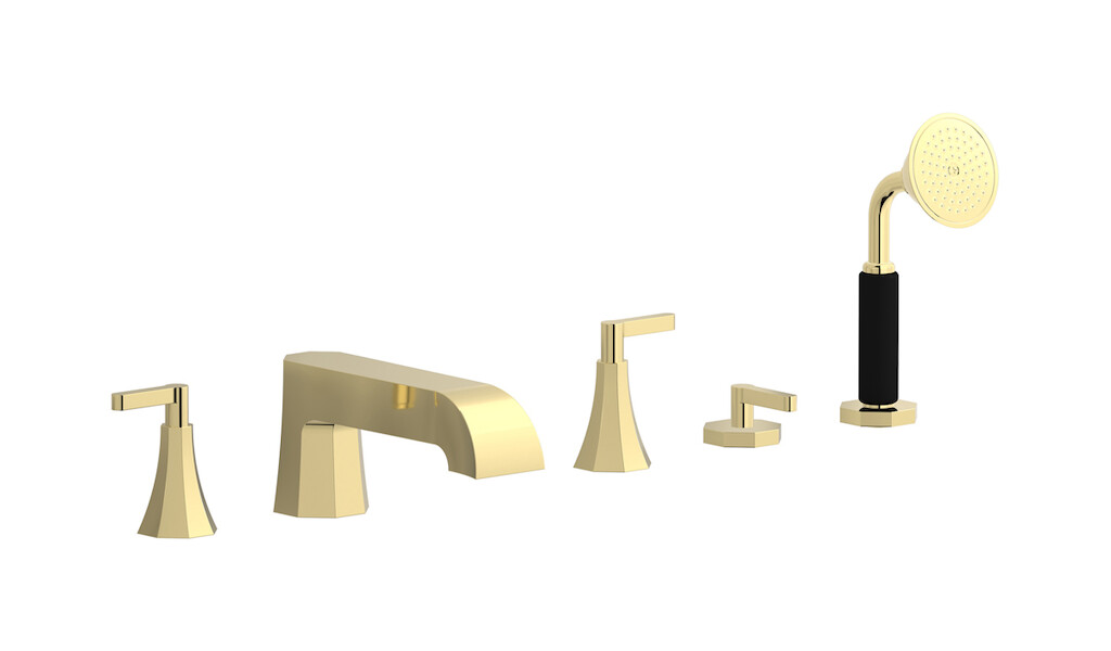 Смеситель на бортик ванной на 5 отверстий с дивертером и душевым гарнитуром. WE ARE IB bl396ii Pale Gold Belmondo 