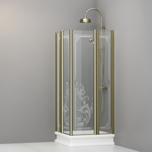 9159N1 Душевая кабинаDX/SX с двумя распашными дверьми и неподвижными элементами для душевого поддона квадрат 80x80, цвет Золотистый Kerasan RETRO Италия