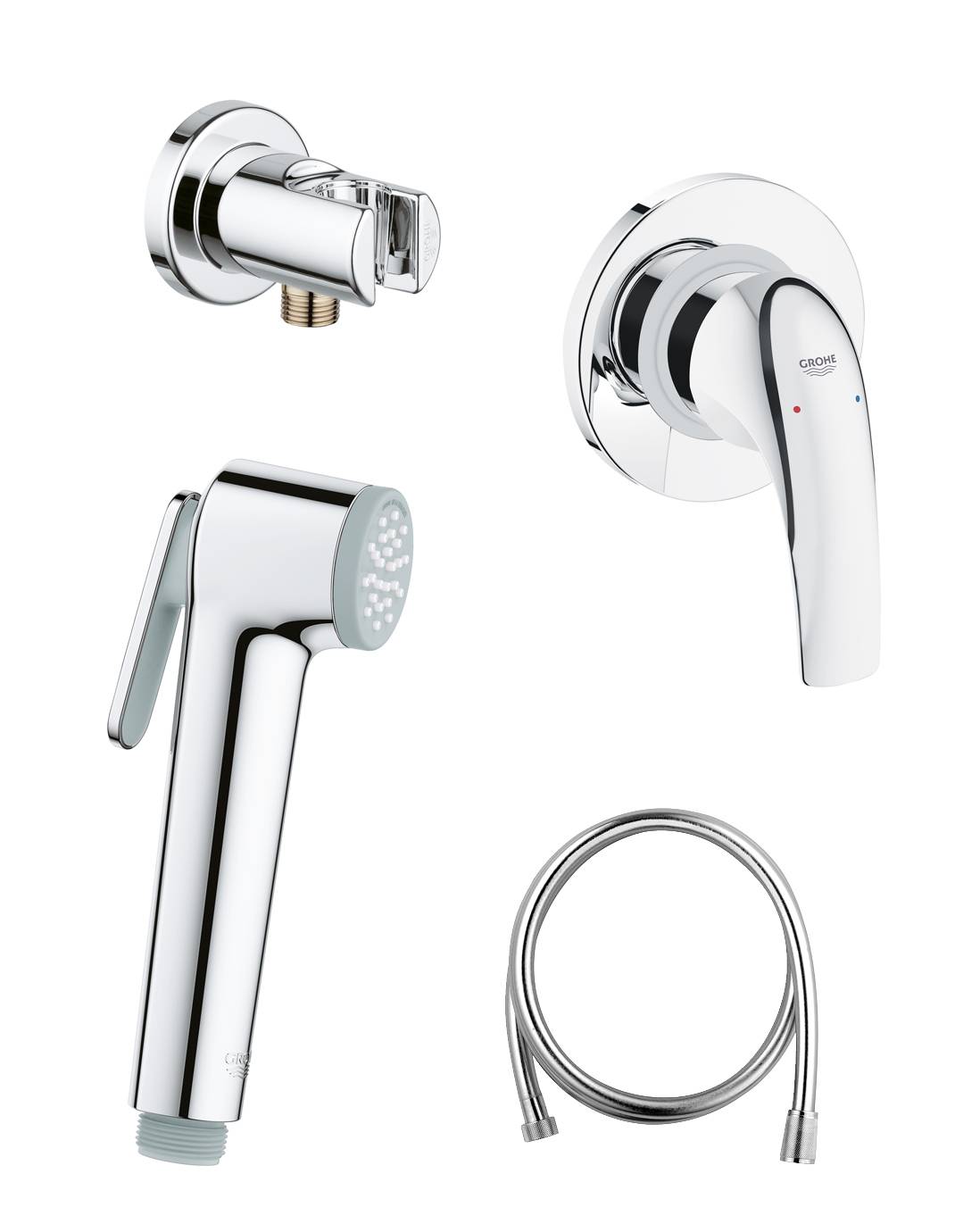 Готовый комплект для гигиенического душа GROHE BauCurve: встраиваемый смеситель, гигиенический душ со шлангом и держателем GROHE, хром (124899)
