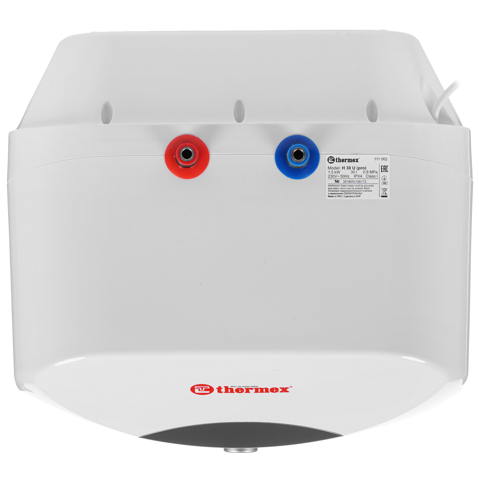 1348583 Водонагреватель THERMEX H 30 U (pro) [накопительный, 30 л, биостеклофарфор, верхняя, плоский, уст-ка: вертикальная, белый] STDN-0136362 - Вид №4