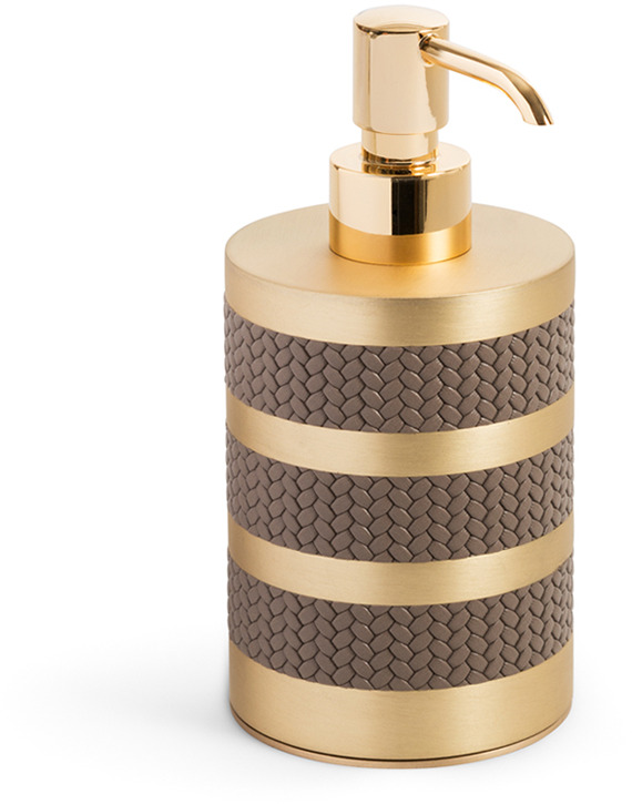 Дозатор для мыла Saturno - Ø 8XH17 см / хромированная металлическая отделка / тканая кожа серо-серого цвета