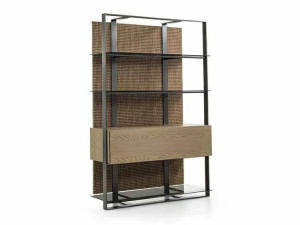 Металлический книжный шкаф со стеклянными полками и текстильной спинкой