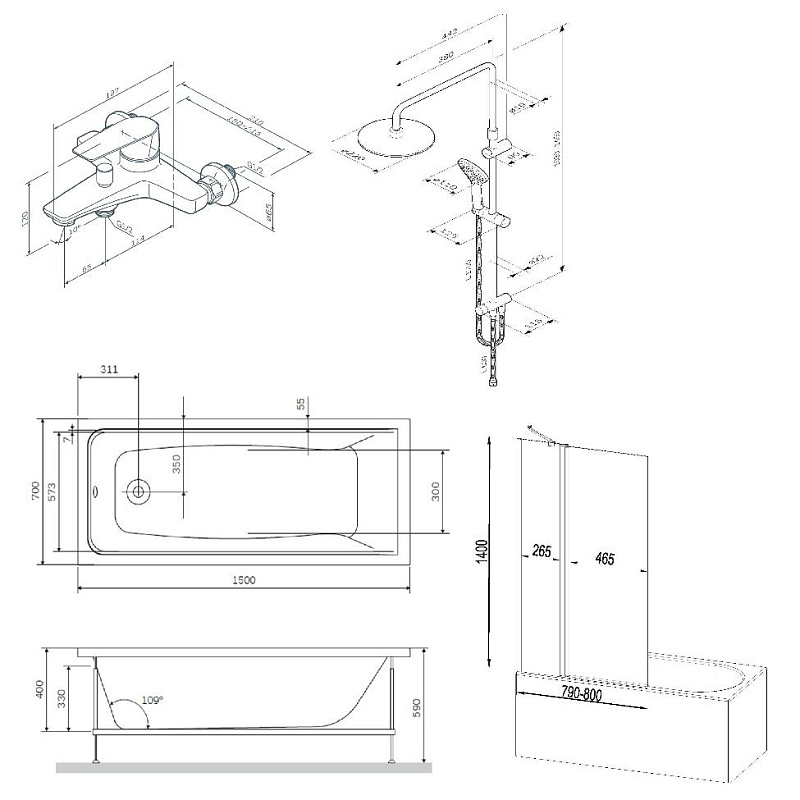 W90ASET-150D3W5 Ванна 150x70 с каркасом и шторкой на б/в W90BS-D3W5-140CT+ДС F0790000+F90A10 AM.PM Gem - Вид №2