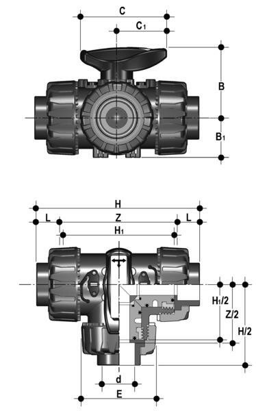 SANIT 303535210 3-ходовой шаровой кран d 20-63, ТКД DualBlock®, АБС, L-отверстие, клей рукав  - Вид №1