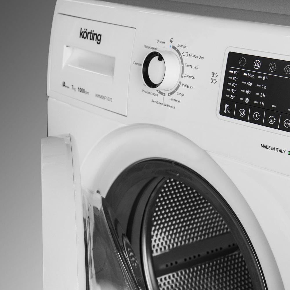 KWM 55F1070 Полноразмерные стиральные машины / 850х595х550, фронтальная загрузка, 7 кг, 1000 об/мин, сенсорное управление, led индикация настроек и этапов выполнения программ, 15 программ стирки, отложенный старт, а+++, белая Korting Santreyd  - Вид №2