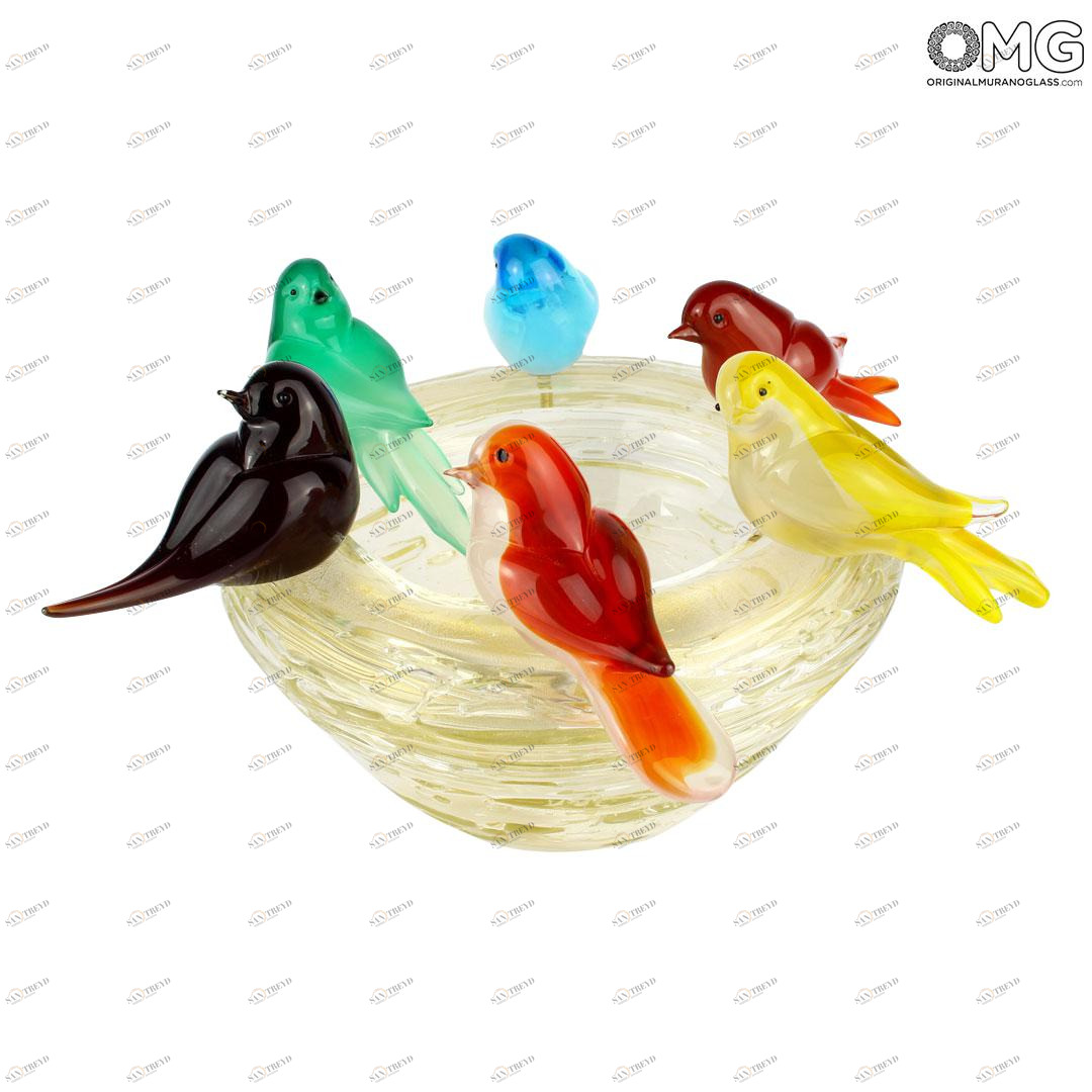 1717 ORIGINALMURANOGLASS 6 воробьёв в гнезде - Декоративная композиция из муранского стекла  см 