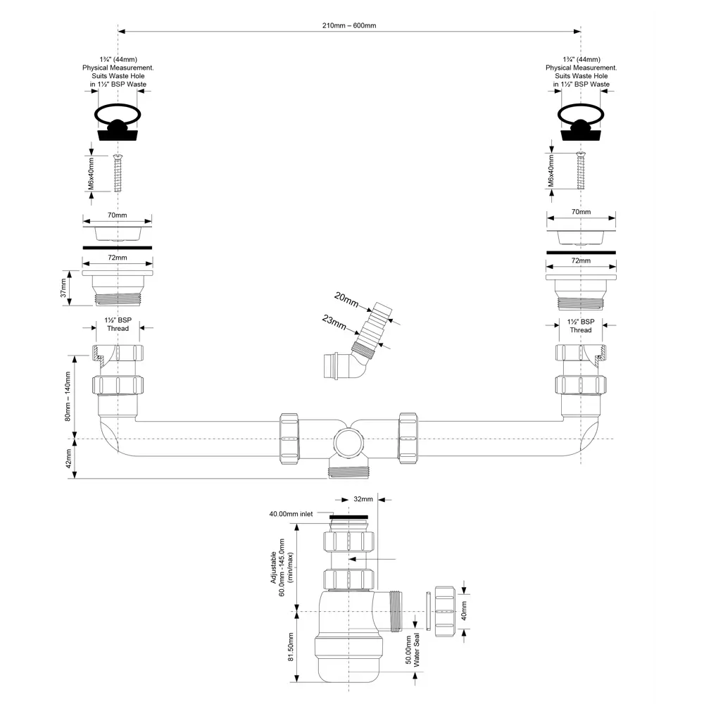 Сифон для двойной мойки McAlpine с выпуском регулируемый по высоте ø40 мм полипропилен MRSK5-A STLM-2111775 - Вид №4