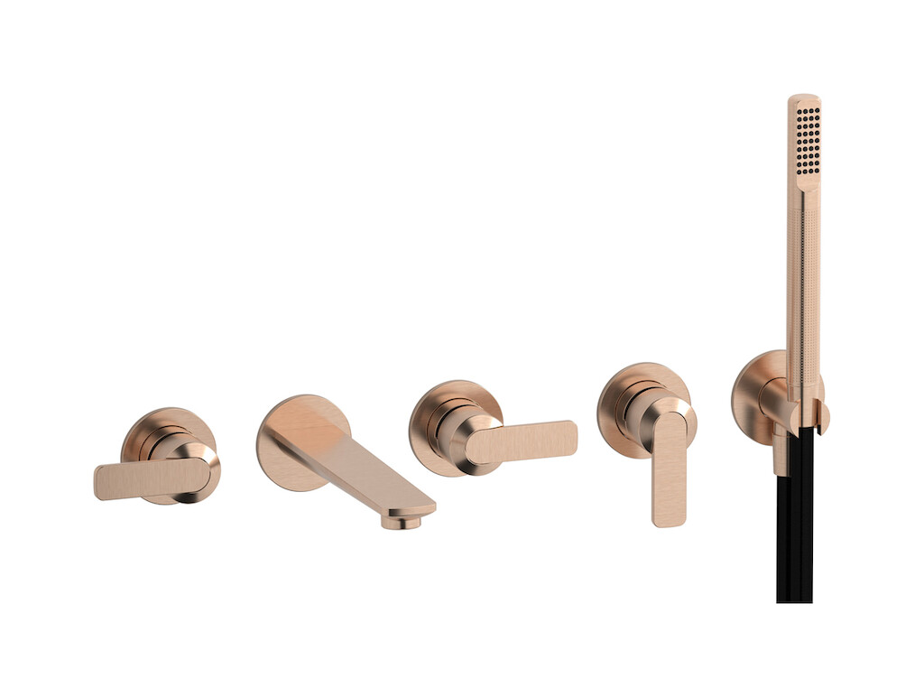 Настенный смеситель для ванной на 5 отверстий с дивертером и душевым гарнитуром. WE ARE IB c6398sr Brushed Rose Gold C-67