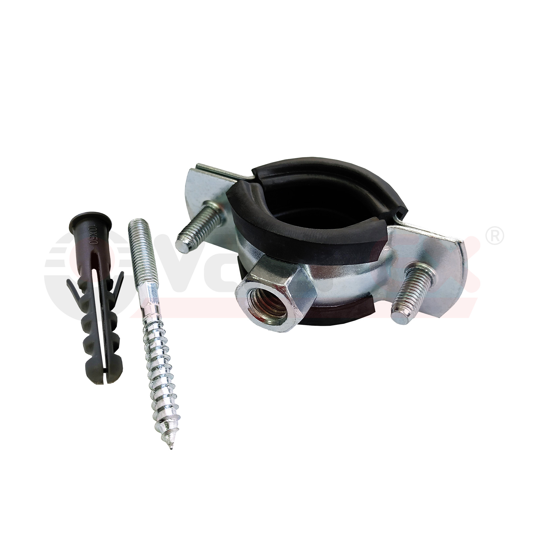 45WR-60 Valfex Хомут оцинкованный с резиновым уплотнением (в комплекте шпилька М8*80 и дюбель) Китай 