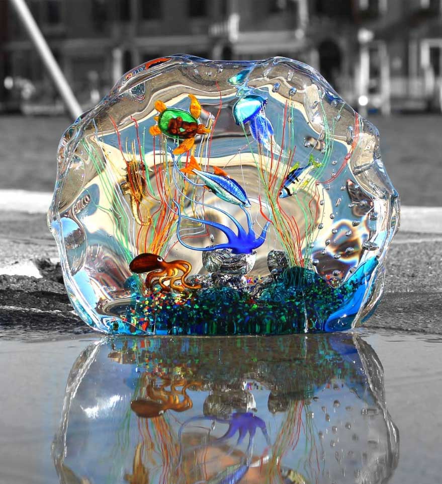 4225 ORIGINALMURANOGLASS Скульптура Аквариум с тропическими рыбками - муранское стекло OMG 25 см  - Вид №1