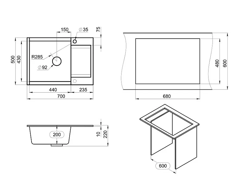 ES-7003, ШВАРЦ (чёрный металлик), кухонная мойка, кварц, ESTETICA GRANULA 7003-ST244 - Вид №5