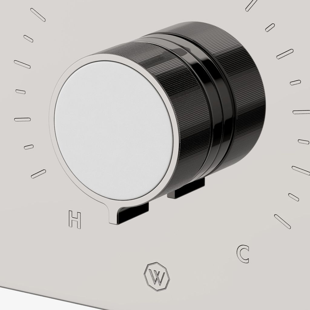 BTH42D Встроенная термостатическая и двусторонняя переключающая накладка серии Bond Union с эмалированной ручкой и ручками с гильошированными линиями Waterworks - Вид №1