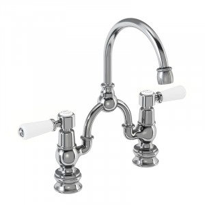 Burlington Смеситель Regent Arch с 2 отверстиями для смесителя Kensington с изогнутым изливом (центры 200 мм) Четверть оборота с белым акцентом KER27-QT