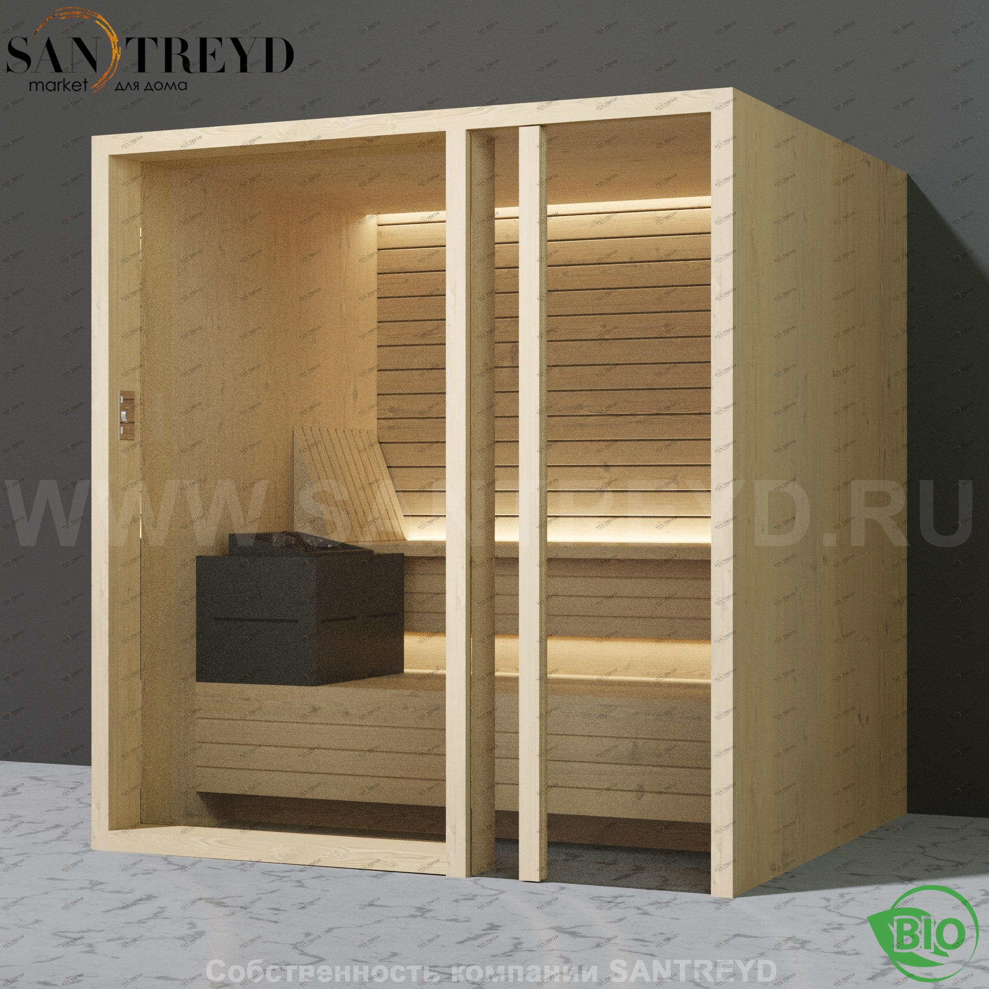 Effegibi YOKU.G80 BI.70300009 Био-сауна с правой дверью. Мощность: 9 кВт макс. Размеры: длина 202 см, ширина 180 см. Отделка: осина термообработанная BI70300009