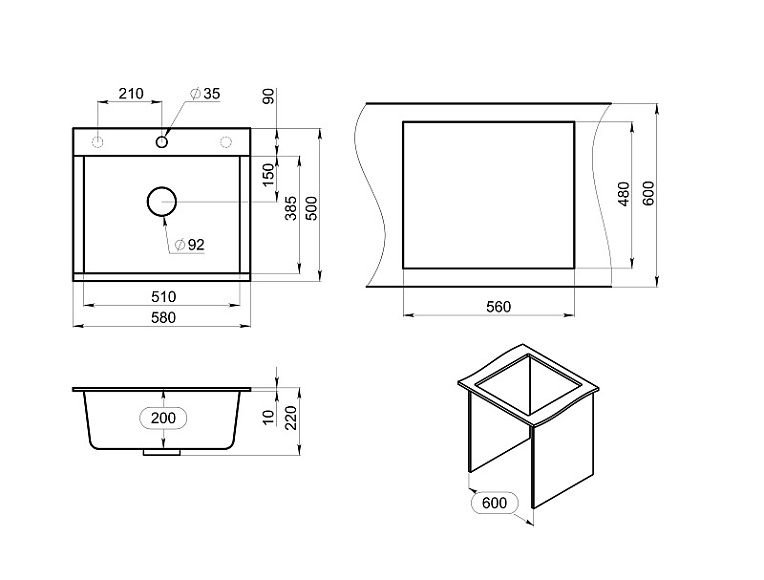 ES-5804, БАЗАЛЬТ, кухонная мойка, кварц, ESTETICA GRANULA 5804-ST198 - Вид №5