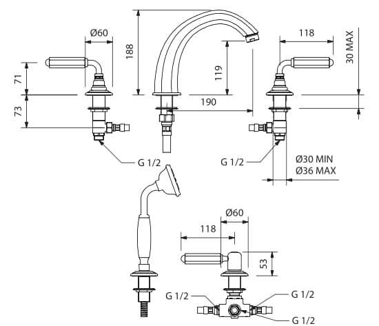 Набор ванн с 5 отверстиями с отдельными розетками Park Avenue Dark White ARCH-00091908 - Вид №2