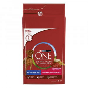 ПР0059690 Корм для собак для средних и крупных пород, говядина, рис сух. 3,8кг ONE