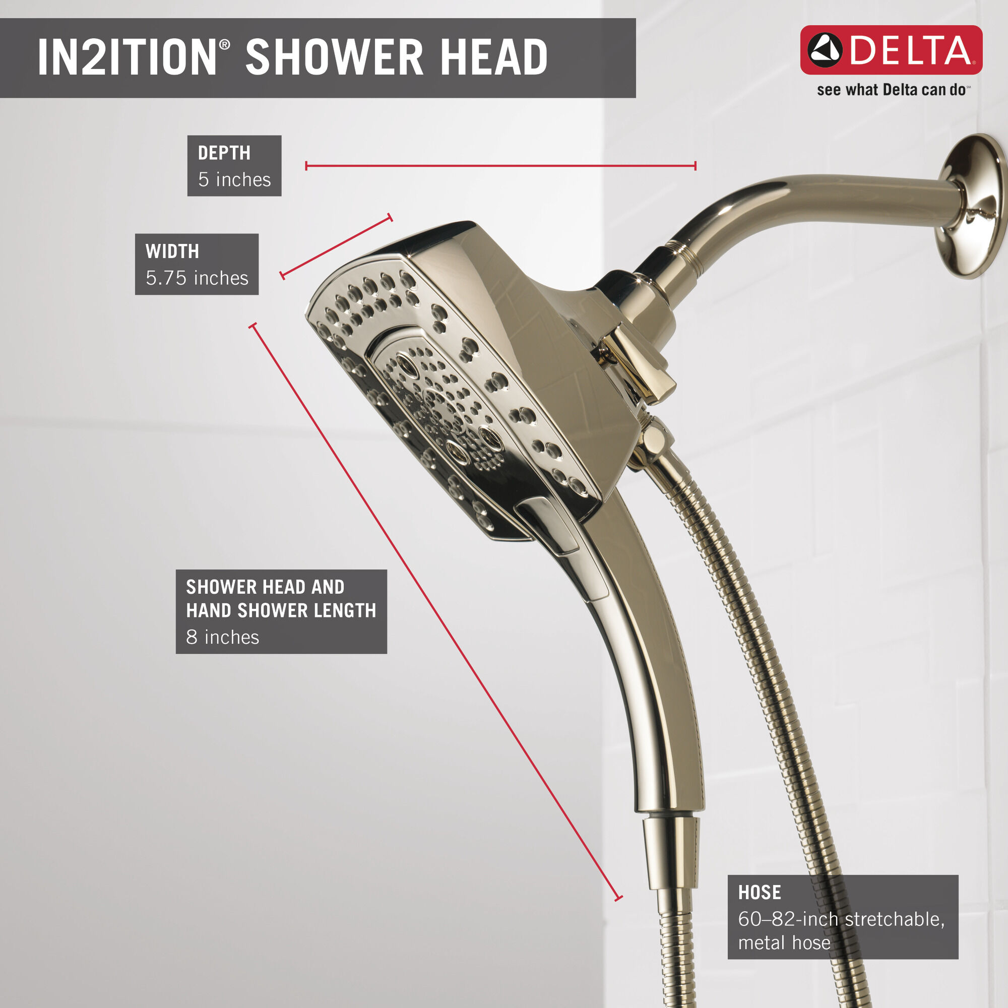 58474-PN H2Okinetic® In2ition® Душ два в одном с 5 настройками Delta Faucet Universal Showering Полированный никель  - Вид №9