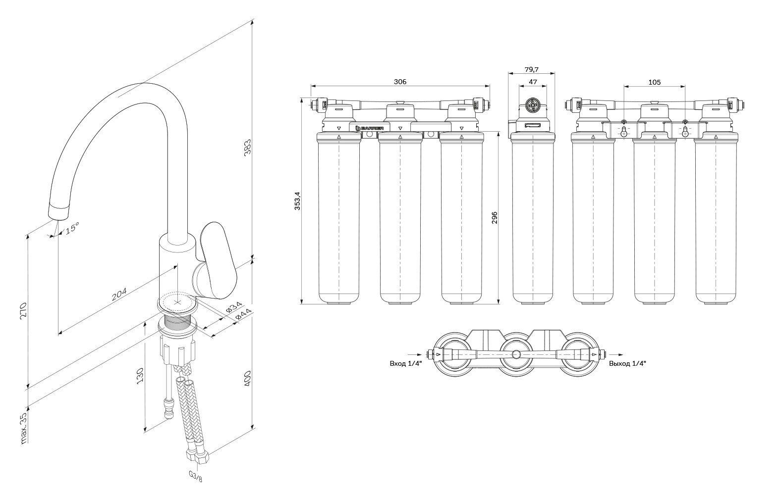 F8007S22 набор 2в1: смеситель для кухни с каналом для питьевой воды фильтр черный шт. AM.PM Like - Вид №8