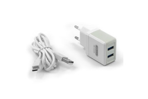 17858485 Сетевое зарядное устройство 2хUSB-А, 2.1А + кабель AM-Type-C 1 м, белый, 23750-B36TW BYZ