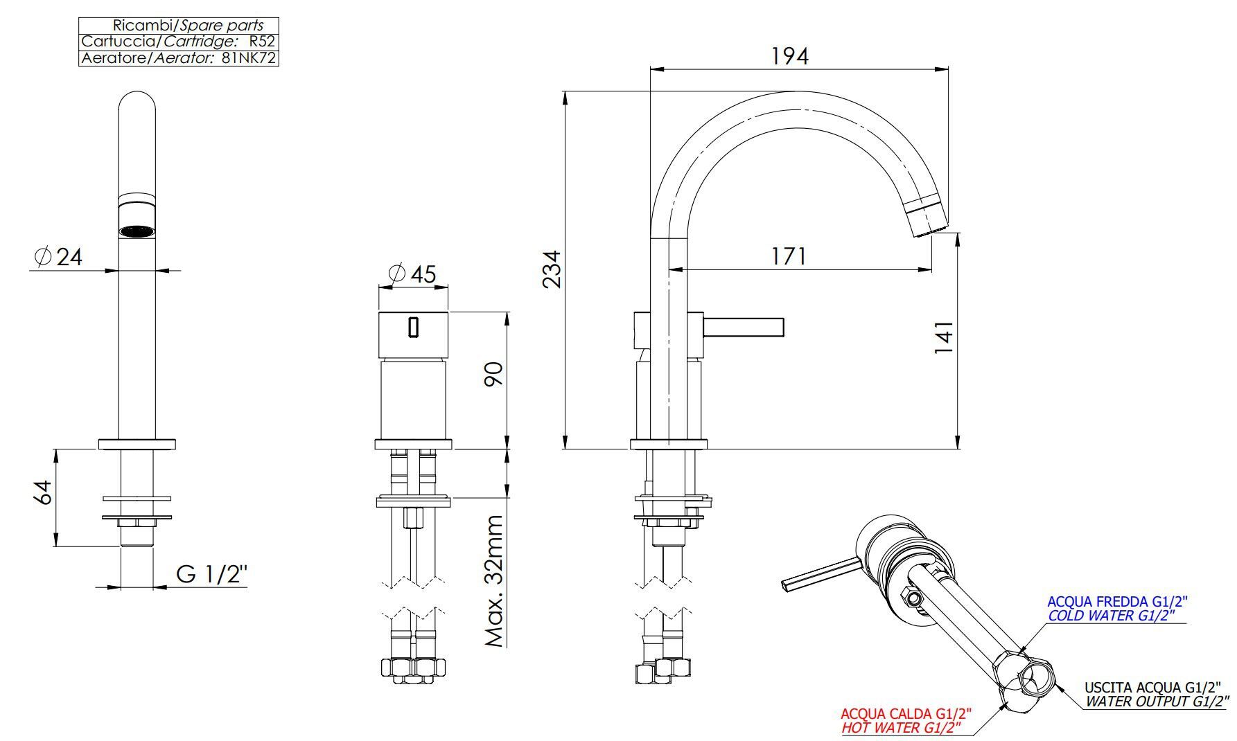 Однорычажный смеситель для раковины с 2 отверстиями без слива Remer Rubinetterie метрическая ARCH-00085598 - Вид №2