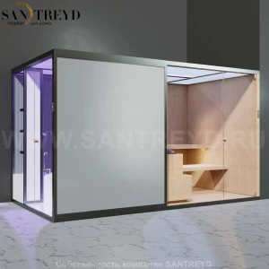 Effegibi BODYLOVE SH BL45140002 Боковая комбинированная баня: хаммам и сауна. Установка: в правый угол. Мощность: 15 кВт макс. Размеры: длина 393 см, ширина 176 см. Отделка: канадский хемлок, трубчатое стекло и гладкий стекло.