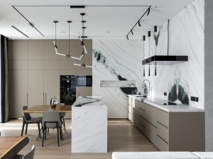 Кухня с трех сторон с островом и соседним столом