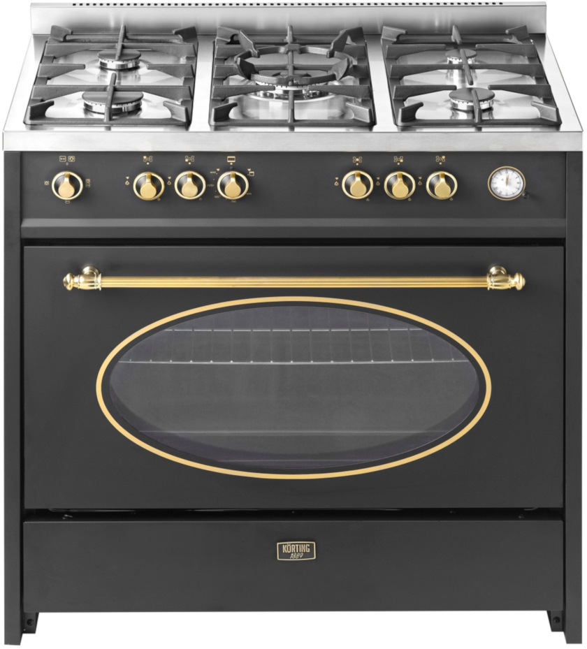 CKG 93050 CRN Отдельностоящая газовая плита / ширина 90 см, серия ретро, поверхность: 5 высокоэффективных газовых конфорок, сверхмощная конфорка wok, газовая поверхность из нержавеющей стали, чугунные держатели посуды, автоматический электроподжиг, газ-ко Santreyd 