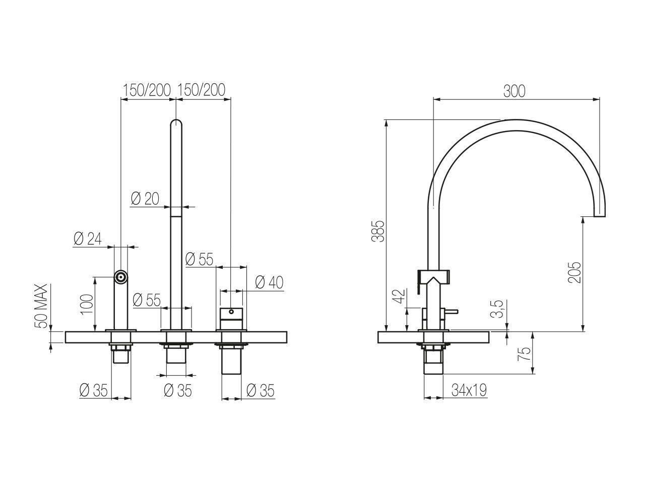Смеситель для кухни с 3 отверстиями из нержавеющей стали со съемным ручным душем Radomonte TOKI ARCH-00127260 - Вид №5
