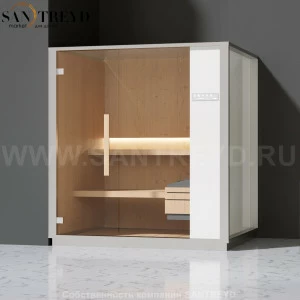 Effegibi ONE S LO50020005 Сауна. Установка: в левый угол. Правая дверь. Мощность: 6 кВт макс. Размеры: длина 214 см, ширина 171 см. Отделка: канадский хемлок, матовый лакированный серый аллюминий и бежевый ламинат из керамогранита.