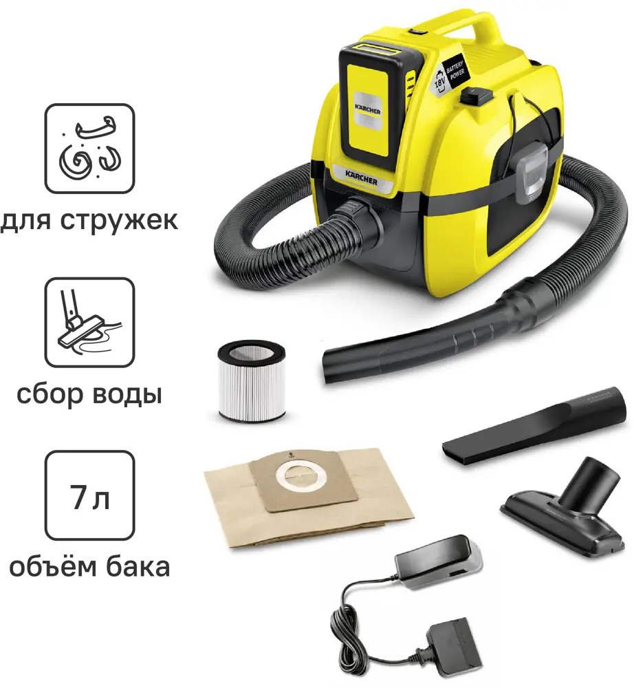 90712070 Пылесос строительный аккумуляторный Karcher WD 1 Compact Battery Set, 230 Вт, 7 л STLM-0841650