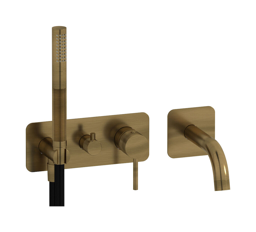 Настенный смеситель для ванной на 5 отверстий с дивертером и душевым гарнитуром. WE ARE IB id398mb Modern Bronze Industria