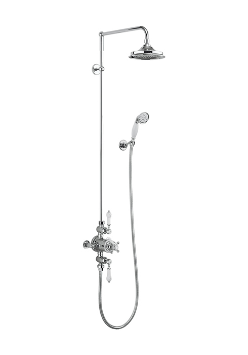 Burlington Термостатический душевой клапан Avon открытого типа с двойным выходом, жесткий стояк, поворотный держатель для душа, трубка и держатель со шлангом с розеткой Никель с белым акцентом и 12-дюймовой розой BAF3S NKL+V60  - Вид №1