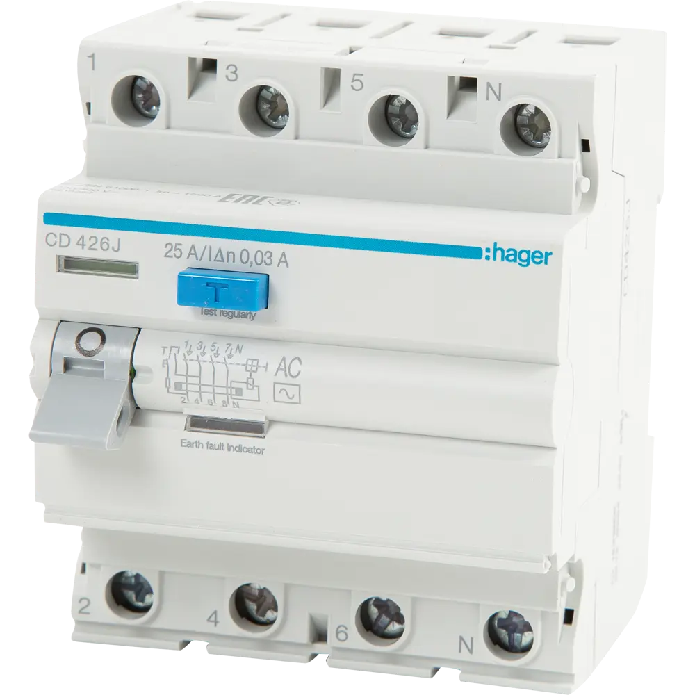 УЗО Hager CD426J 3P N 25 A 30 мА 6 кА AC STLM-2161854