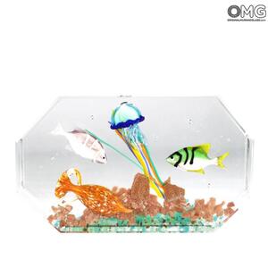 4790 ORIGINALMURANOGLASS Скульптура Аквариум с тропическими рыбками - муранское стекло OMG 14 см