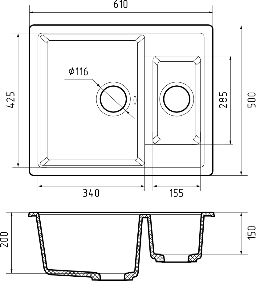 Кухонная мойка Искусственный камень QUADRO S225 GranFest Q-610K-S225 - Вид №1