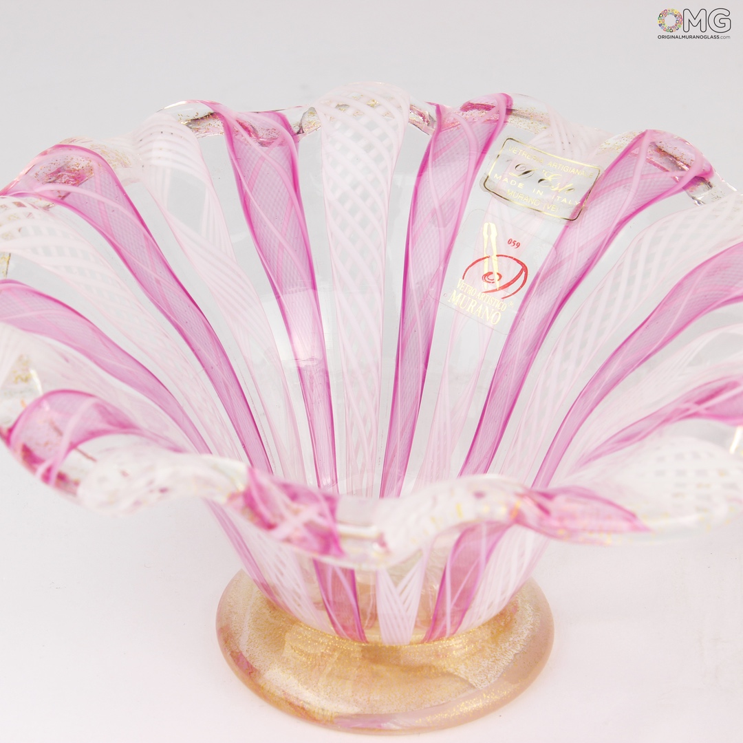 1875 ORIGINALMURANOGLASS Чаша Розово-Белая Филигрань - муранское стекло с листовым золотом 13 см  - Вид №1