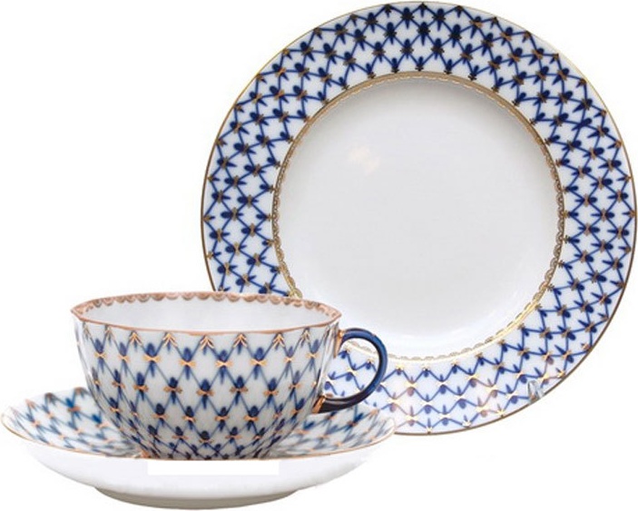 1044071 Императорский фарфоровый завод Набор чайный ИФЗ "Кобальтовая сетка" 3 предмета, 250мл, ф.Тюльпан Фарфор твердый 