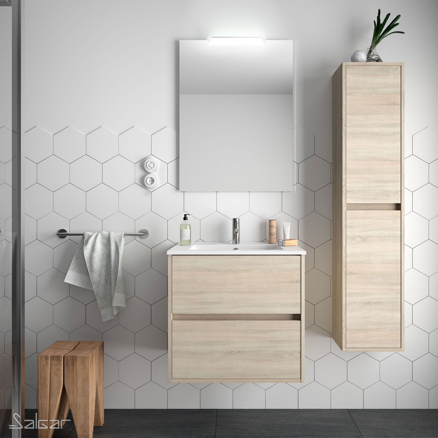 85035 SALGAR Комплект мебели для ванной NOJA 700 OAK CALEDONIA + Раковина + Зеркало + Свет Дуб Каледония