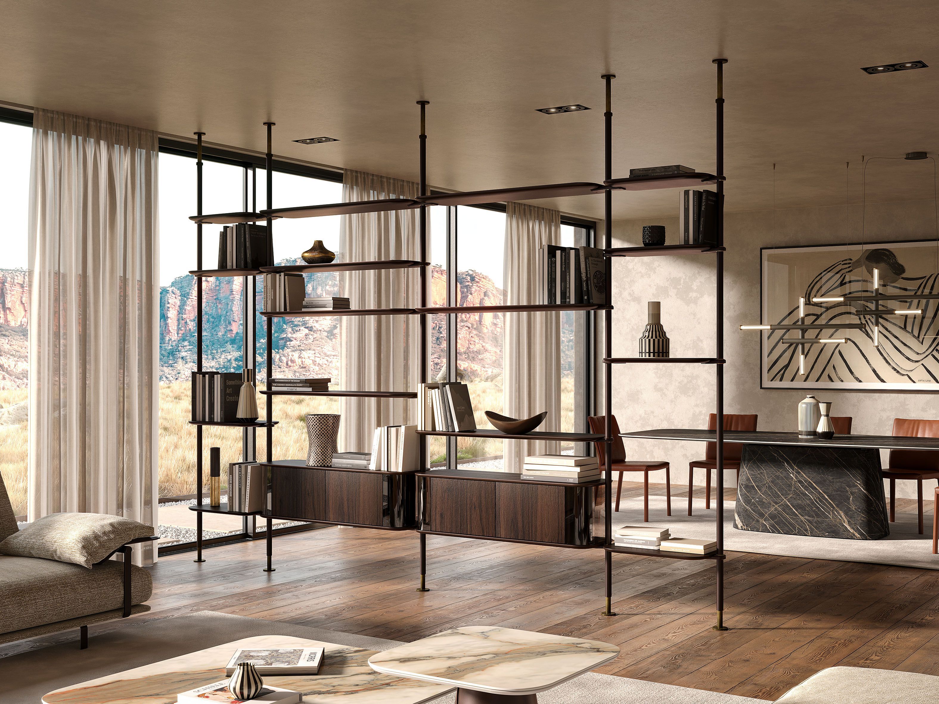 Модульный книжный шкаф из стали и дерева с креплением пол-потолок Cattelan italia HARBOUR ARCH-00063499