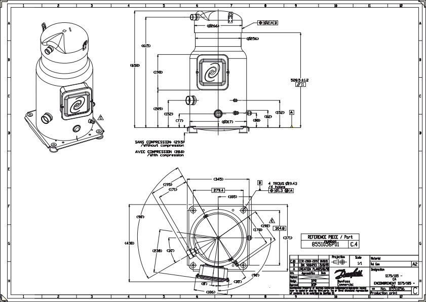 Danfoss SY — Герметичные спиральные компрессоры, R22, R134a, R407C SY300A4CBM Компрессор спиральный SY300A4CBM  - Вид №3