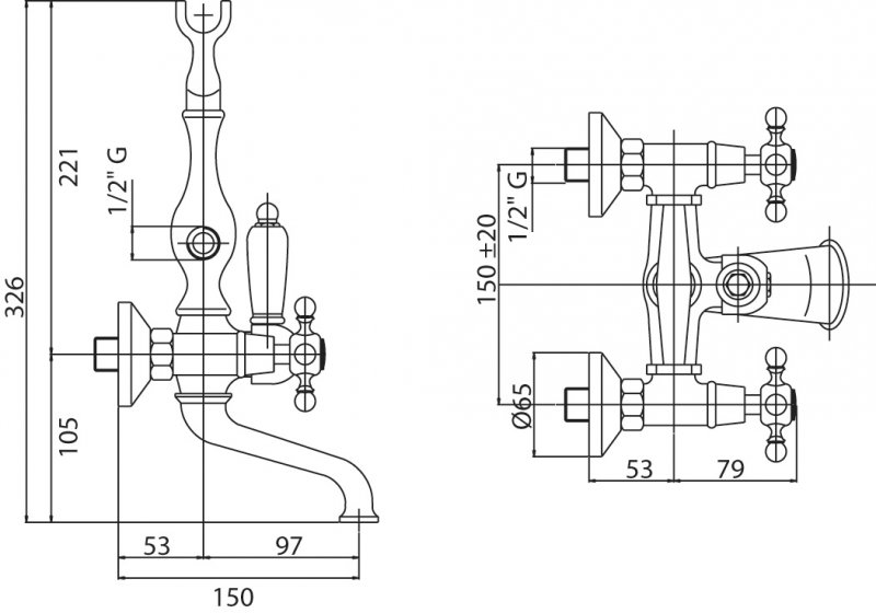 Смеситель на борт ванны с ручным душем, шлангом 150 см CEZARES NOSTALGIA-PBV-01-Bi - Вид №1