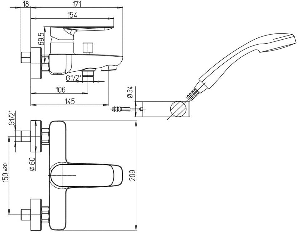 Paini Nove 09CR105 смеситель для ванны с аксессуаром  - Вид №1