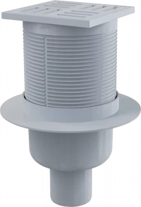 Сливной трап 105×105/50 мм прямой сток, решетка серая, гидрозатвор мокрый