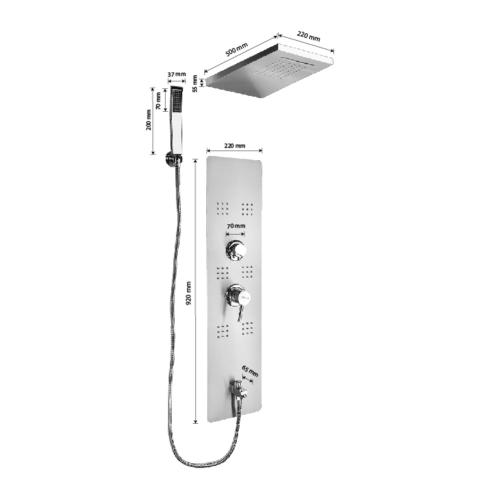 GFmark - Душевая панель - "тропический душ" ВРЕЗНАЯ с двумя лейками, корпус МАТОВАЯ нержавеющая сталь марки 304, код: 5517  - Вид №2