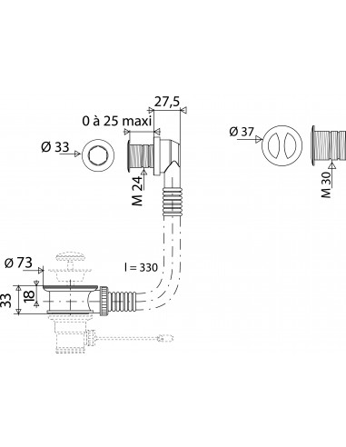 598300 005 00  Универсальный перелив для умывальника, планка Д. 24 мм и Д. 30 мм, ломкая длина, черный Valentin Хром  - Вид №2